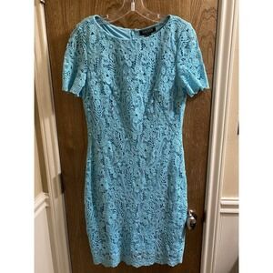 Ralph Lauren LRL Crochet Cotton Lace Dress Sky Blue Short Sleeves Lined Size 8